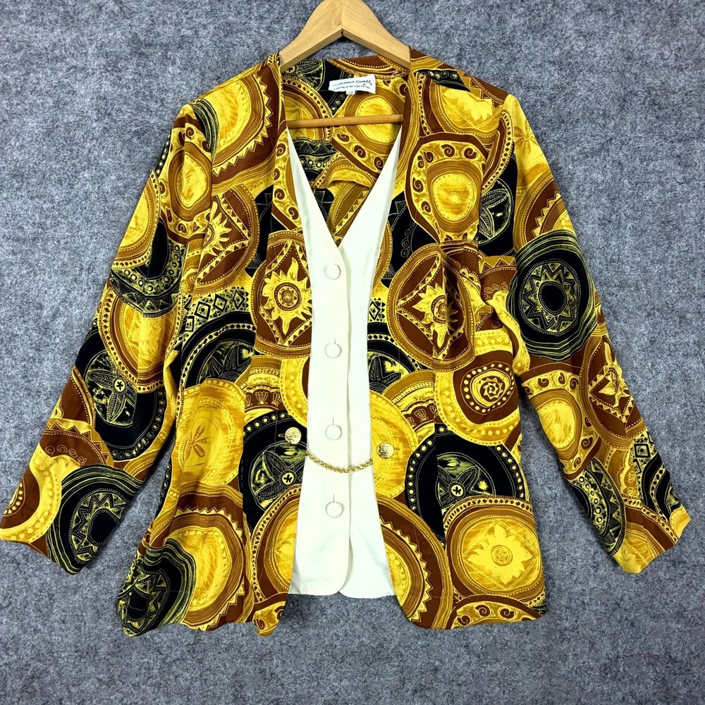 Vintage Andrea Gayle Layered Blouse Top Women 12 Yellow Old Money Gold Chain Lux